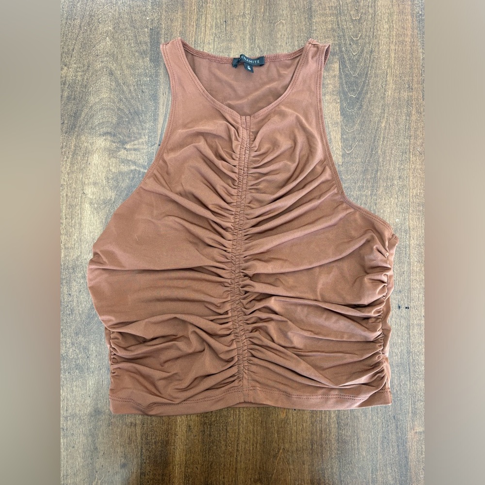 Dynamite Rust Brown Ruched Halter Crop Top - Picture 3 of 9